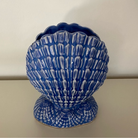 Anthropologie Vintage Hollywood Regency Coastal Shell Vase Cachepot Blue Glaze - Picture 4 of 8